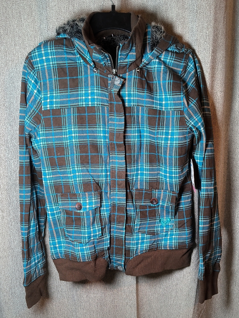 Roxy Turquoise and Brown Plaid Hooded Jacket